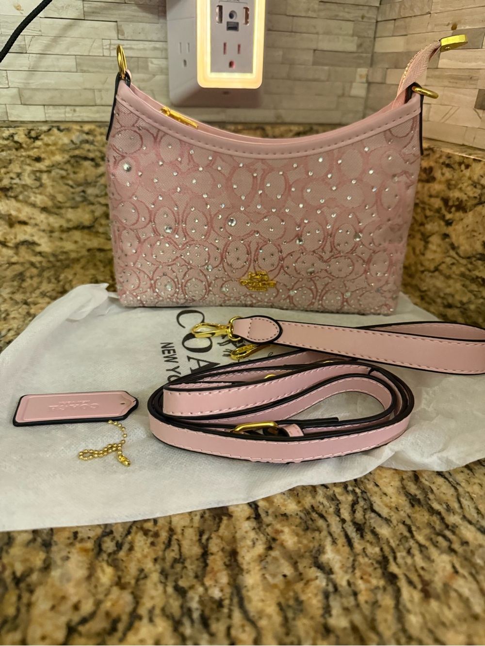 Coach Pink Crystal-Embellished Signature Crossbody Bag